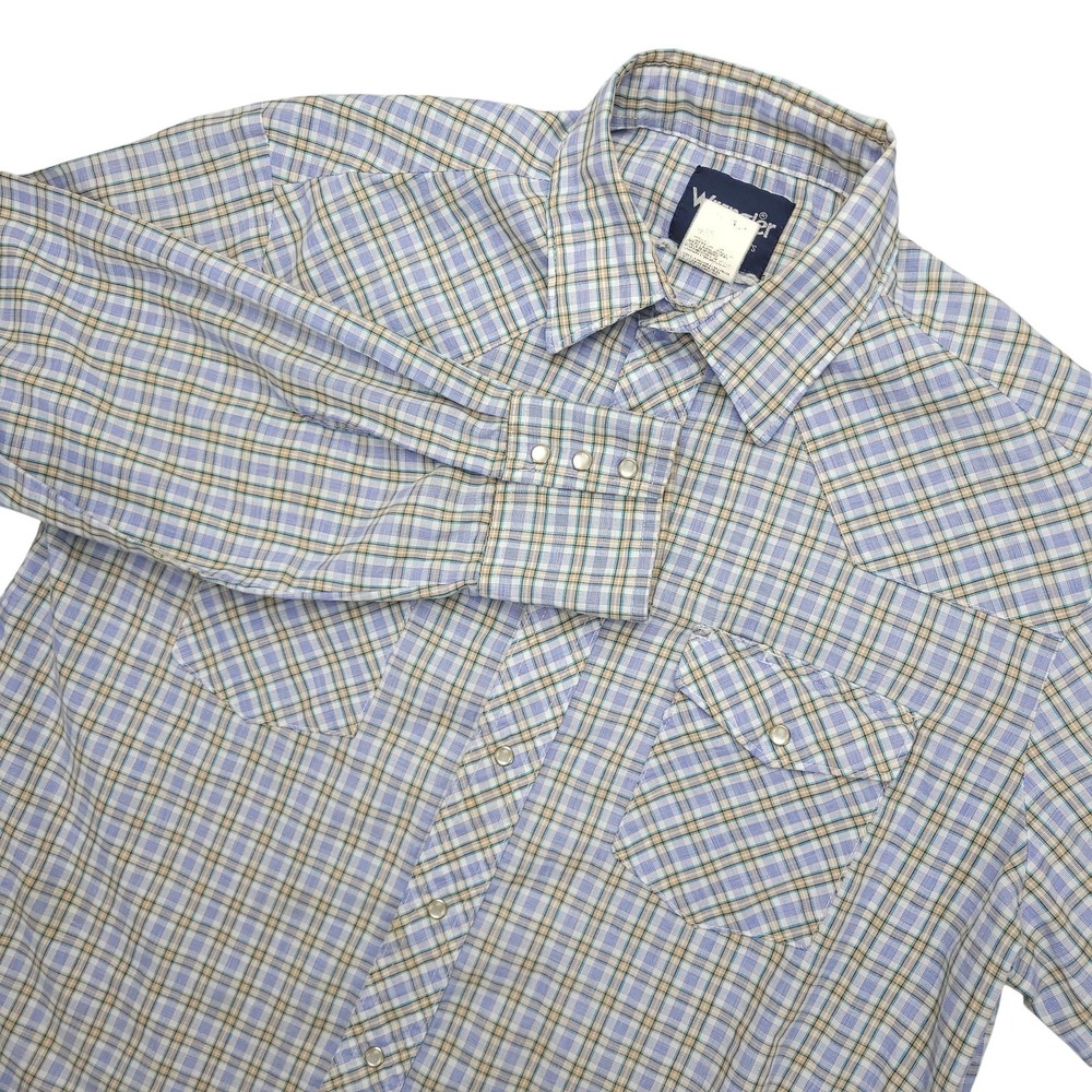 Wrangler Western Shirt Mens Large Blue Plaid Pearl Snap Long Sleeve‎ Cowboy